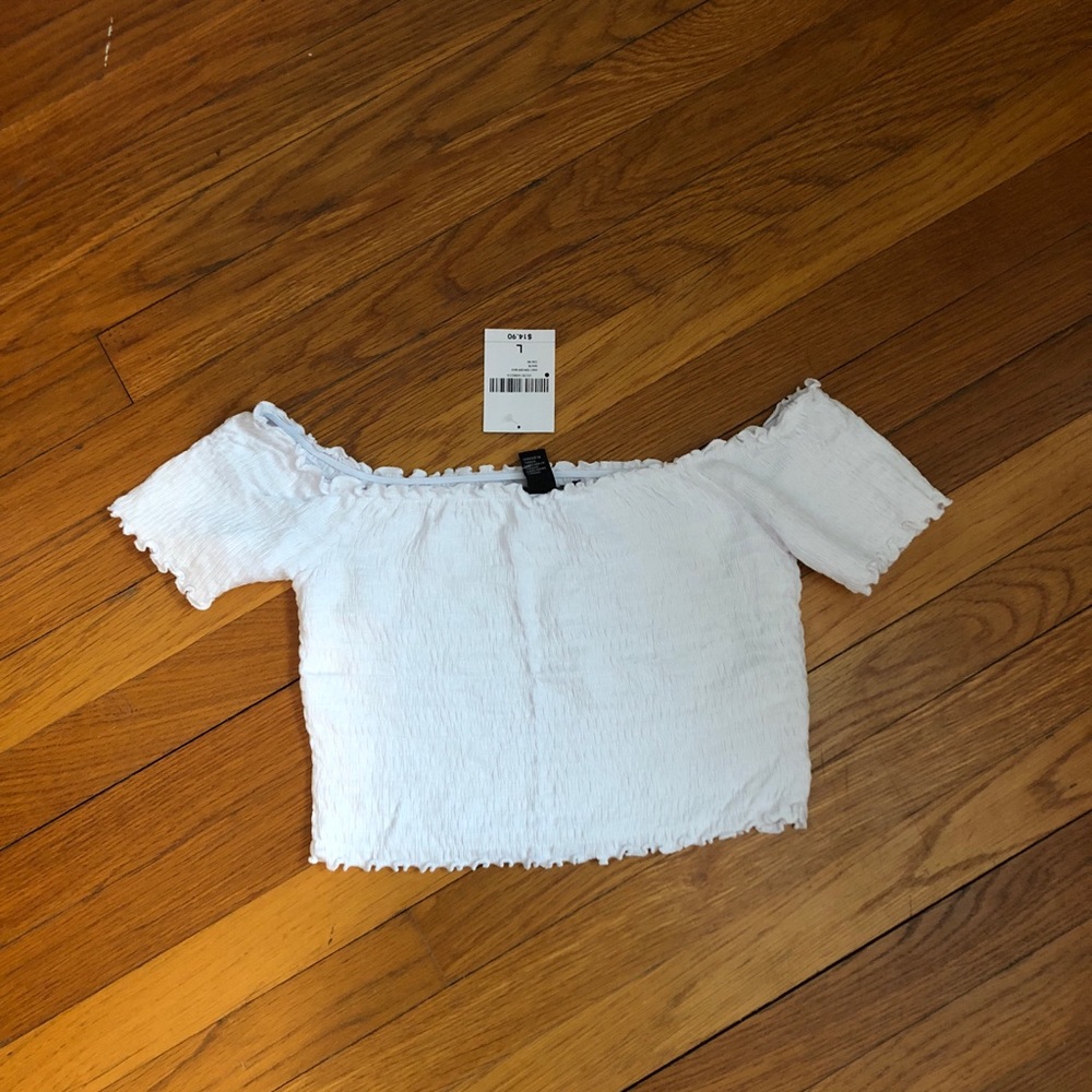 White off the shoulder smocked crop top